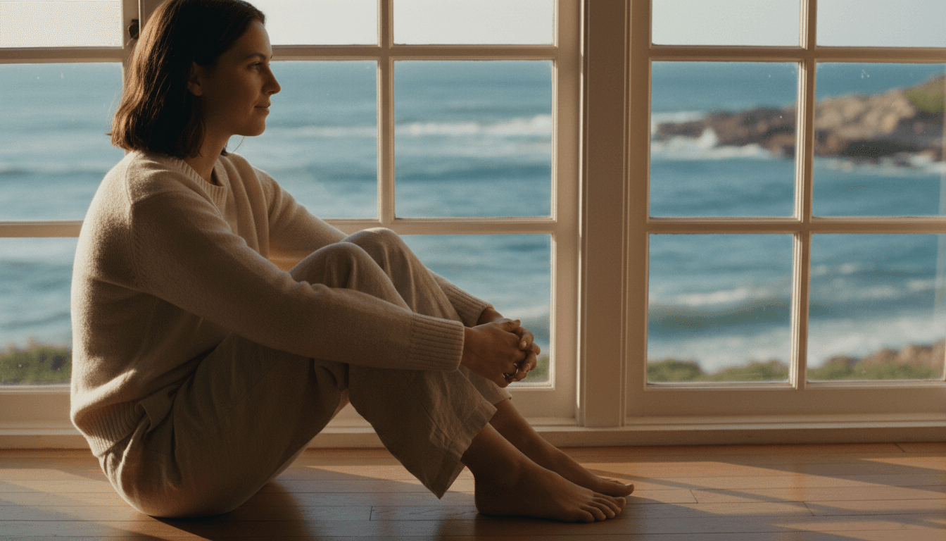 Person in calm reflection by coastal window during therapy session
