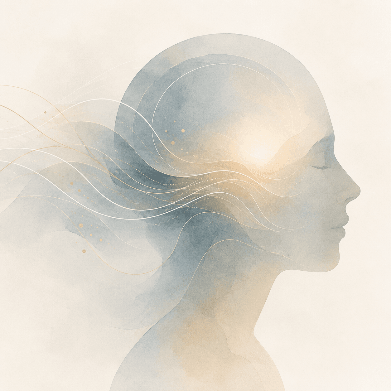 Ethereal watercolor profile of a head with a glowing inner light and flowing golden lines.