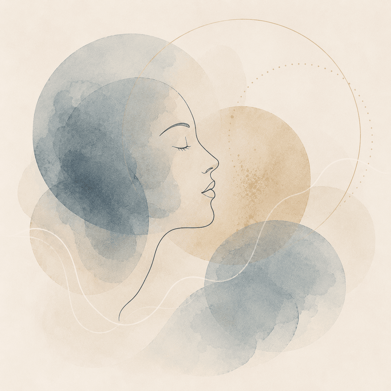 Minimalist line art profile of a woman amidst blue and beige watercolor abstract shapes.