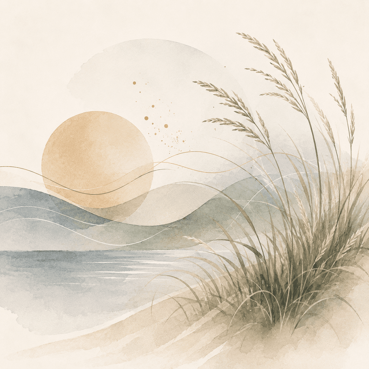 Minimalist watercolor landscape with a large golden sun, rolling blue hills, and tall beach grass.